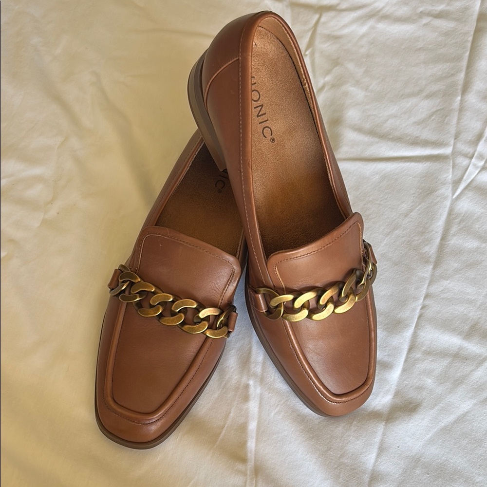 Vionic Brown Leather Chain-Accent Loafers